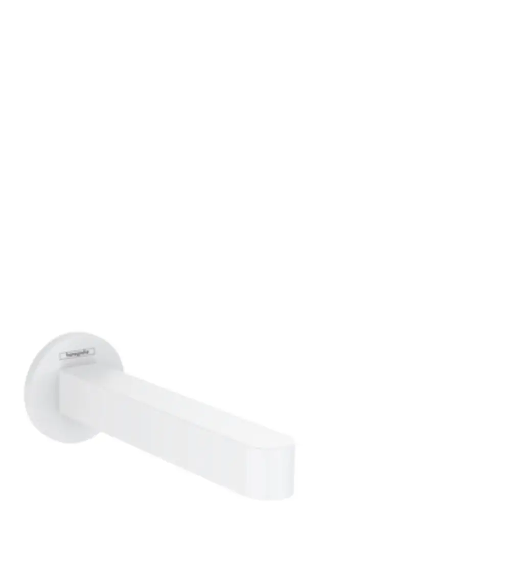 Weißer Wanneneinlauf von Hansgrohe mit schmalem, geraden Auslauf und runder Montageplatte. Minimalistisches Design für moderne Badezimmer.